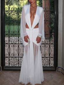 DOUCIU See Through Mesh Deep V-Neck Backless Sexy Ruffles Hem Maxi Dresses Beach Vacation Outfit - White - View 5