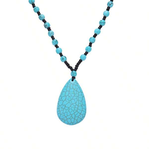 1pc Natural Turquoise Beaded Necklace With Vintage Green Turquoise Teardrop Pendant, Suitable For Women's Daily Wear