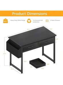 32 Inch Small Desk With Fabric Drawers – Vanity Table With Storage Drawer & Bag. Writing Desk For Bedroom/Study, Small Spaces - Black - View 3