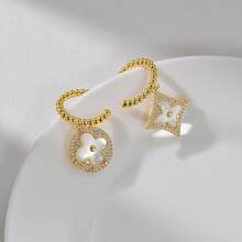 Clover Earrings For Women, Vintage Pearl Earrings, Bridal Earrings, 18K Gold Plated With Mother Of Pearl And AAA Zirconia, 925 Silver Hypoallergenic Posts, Gift For Wedding Anniversary - 銀/B - 查看 2