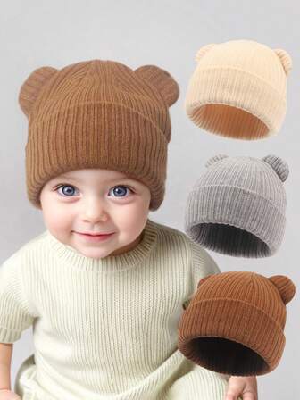 3 piezas Gorro de punto con orejas de oso de dibujos animados para bebé, gorro casual de estilo Ins lindo para uso diario, sombrero suave y cálido para primavera y otoño para niños y niñas de 0 a 12 meses