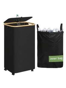 140 Liter High Capacity Recycling Bin (With Lid), Room Garbage Can, Kitchen Trash Can, 37 Gallon Collapsible Indoor Trash Can (With 2 Reusable Trash Bags), Indoor Bottle Recycling Bin, Used For Collecting Glass, Paper, Plastic And Metal Bottles