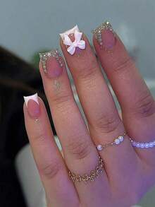 24pcs Medium Square French Tip Nail Stickers, White Color With Rhinestone Bow Decor, Luxury Full Coverage, Suitable For Women & Girls Nails, Charm Dates, Office, Home Parties Nail Supplies - 彩色 - 查看 1