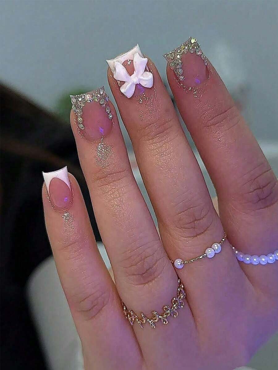 24pcs Medium Square French Tip Nail Stickers, White Color With Rhinestone Bow Decor, Luxury Full Coverage, Suitable For Women & Girls Nails, Charm Dates, Office, Home Parties Nail Supplies - 彩色 - 查看 1