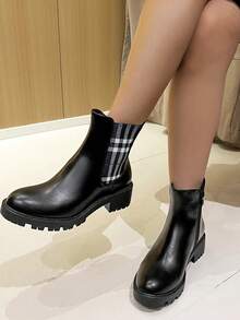 Fashionable Versatile Casual Plaid Patchwork Chunky Heel Ankle Boots - Black - View 1
