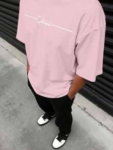 Simple Gratitude Plus Size Men's Round Neck Short Sleeve T-Shirt Summer Fashion - 粉色 - 查看 3