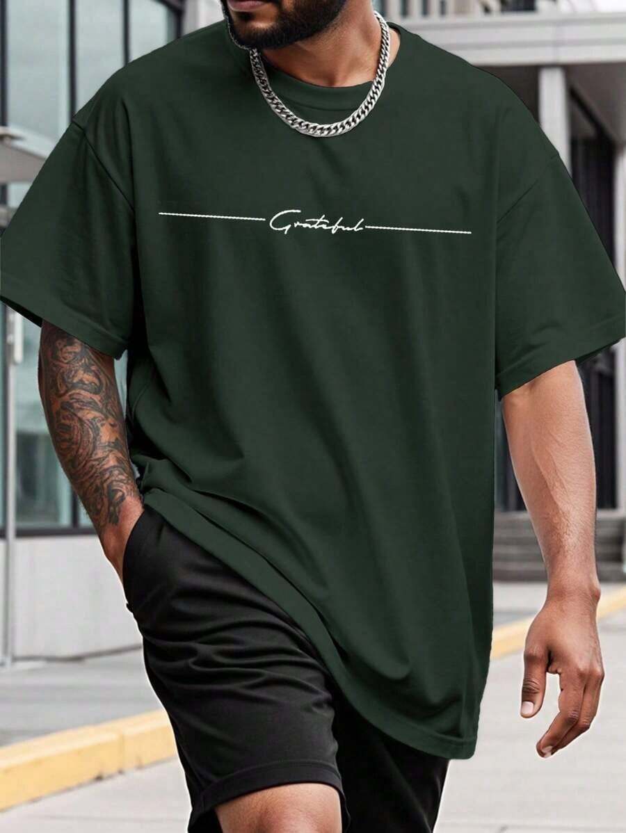 Simple Gratitude Plus Size Men's Round Neck Short Sleeve T-Shirt Summer Fashion - 深灰色 - 查看 1