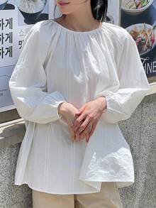 优雅圆领白色宽松长袖女式上衣，飘逸廓形，主教袖，休闲宽松衬衫，全新街头通勤风格，秋季必备 - 白色 - 查看 6