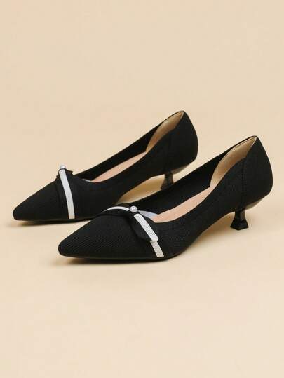 Sapatilhas Femininas de Bico Fino Slip-On, Cor Sólida em Malha, Novo Modelo com Tira de Pérola, Casual Plus Size, Salto Gatinho Francês de 4cm, Sapatos Elegantes, Estilo Fofo