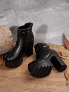 秋冬优雅女士高跟踝靴，带扣，系带，侧拉链设计，黑色美式踝靴适合日常穿着，四季靴子，女士靴子 - 黑色 - 查看 3