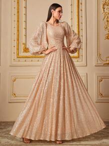 UNITHORSE Women's Deep V-Neck Long Sleeve Sequin Mermaid Hem Evening Party Dress - Champagne - View 4