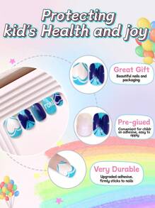 NAIO 24pcs False Nails Kids Girls Press On Short Artificial False Nails Cute Pre Glued Full Coverage Acrylic Nail Tips Set Suitable For Children Little Girls Nail Decoration (Blue Heart)