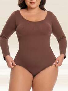 Plus Size Women Shapewear Long Sleeve Tummy Control Seamless Bodysuit