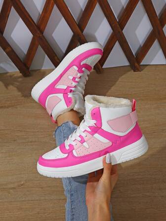 2026冬季新款女士高帮加绒踝靴，粉色鞋面搭配白色内衬，户外休闲鞋，城市通勤女鞋，必备圣诞礼物，时尚百搭运动鞋，舒适柔软