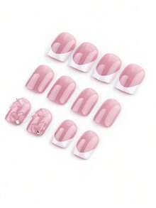 Instantly Upgrade Your Look With 24pcs Short Square White French Style Sweet 3D Pink Floral Petal&3D Bow-Knot Laser Glitter  Rhinestone Nail Charms Homemade Full Cover Fake Press On Nail Kit Suitable For Daily Spring Will Give Your Look A Romantic