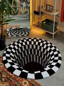 1pc Black & White Checkerboard 3D Illusion Round Mat, Soft & Comfortable Polyester Area Rug With Black & White Swirl Design - Suitable For Living Room, Bedroom, Bathroom And Entryway Decor - Black and White - View 15