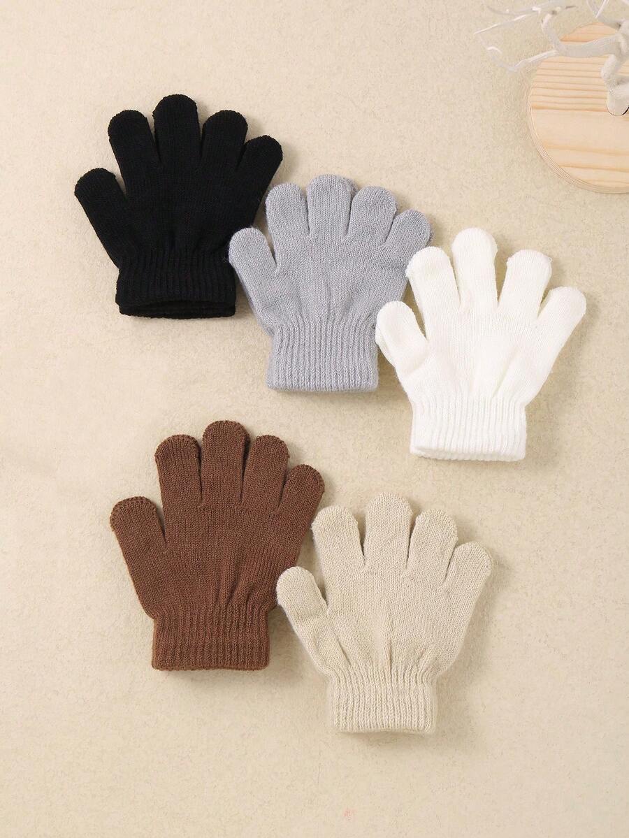 5双装幼儿五指冬季保暖手套，儿童加厚防寒针织手套