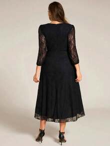 Elegant Lace V Neck Sheer Long Sleeves Midi Wedding Guest Dresses Formal Dresses For Bridesmaid