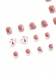 Instantly Upgrade Your Look With 24pcs Short Square White French Style Sweet 3D Pink Floral Petal&3D Bow-Knot Laser Glitter Nail Charms Homemade Full Cover Press On Nail Kit Suitable Daily Spring Will Give Your Look A - 粉色 - 查看 7