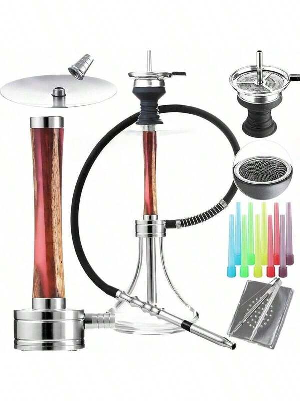 1 pièce Set de Narguilé de 19 pouces, en résine de bois et alliage d'aluminium, 3 options de couleurs, narguilé en verre en alliage d'aluminium avec tige d'échappement à plusieurs trous, tuyau en silicone, embout jetable et feuille d'aluminium inclus