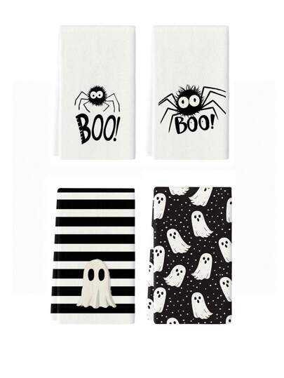 2pcs/4pcs/12pcs Halloween Spider & Ghost Pattern Kitchen Towels, Halloween Spider & Ghost Pattern Bathroom Towels, Halloween Outdoor Party Towels, Halloween Home Decor, Modern Style, Quick Drying, Super Soft Microfiber Material, Rectangular, 15.75IN*23.62IN/40*60CM Digital Printing Pattern, Suitable For Outdoor Party Decoration, Halloween Holiday Gifts