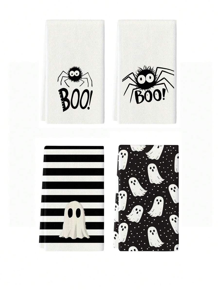 2pcs/4pcs/12pcs Halloween Spider & Ghost Pattern Kitchen Towels, Halloween Spider & Ghost Pattern Bathroom Towels, Halloween Outdoor Party Towels, Halloween Home Decor, Modern Style, Quick Drying, Super Soft Microfiber Material, Rectangular, 15.75IN*23.62IN/40*60CM Digital Printing Pattern, Suitable For Outdoor Party Decoration, Halloween Holiday Gifts - Multicolor - View 1