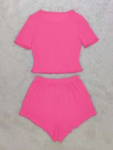 2pcs Women Solid Color Casual Sweet Knitted Round Neck Short Sleeve Top And Ruffle Hem Shorts Set, Suitable For Home Wear, Summer - Hot Pink - View 11