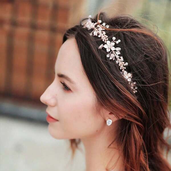 1pc Vintage Style Nature Element, Bridal Headband, Handmade European & American Minimalist Pearl, Rose Gold Jelly Crystal Alloy Headpiece, Wedding Dress Accessory