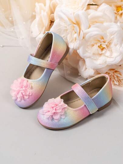 1 paar meisjesschoenen met bloemendecoratie zacht PU met ronde neus, kleurrijk en plat, casual, modieus en schattig voor binnen en buiten, voor alle seizoenen