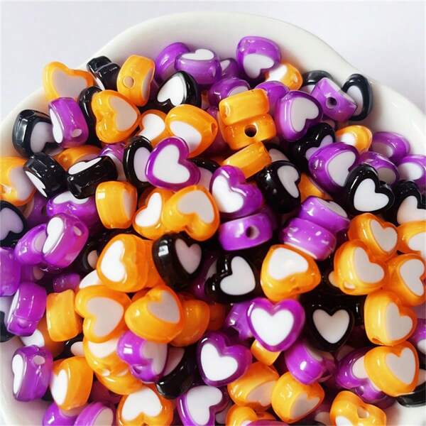 100/200 pièces Perles acryliques de 8 mm, perles centrales, perles d'amour, orange, noir, violet, perles pour Halloween et fêtes, perles de décoration, perles accessoires DIY, peuvent être transformées en bracelets, colliers, chaînes de téléphone, décorations