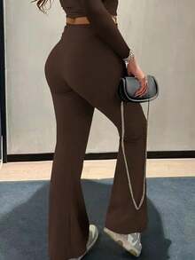 3pcs/Set Large Size Women's Casual High Yoga Pants Set   Elastic Waist Gym Workout Flare Leggings - Xanh navy + nâu cà phê + đen - Xem 7