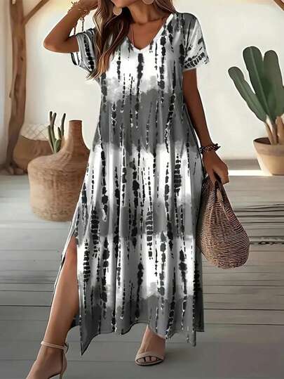 Plus Size Women Casual V-Neck Short Sleeve Tie-Dye Print Slit Hem Dress