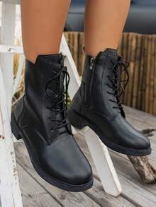 女士纯色踝靴系带战斗靴休闲户外步行鞋 - 黑色 - 查看 6
