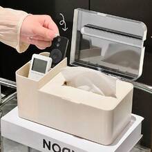 1 pieza Caja de almacenamiento multifuncional de estilo crema para el escritorio, caja de pañuelos con tapa abatible a prueba de polvo con compartimento organizador para control remoto, mantiene el escritorio ordenado, adecuado para el comedor, la cocina, el tocador del dormitorio y la decoración del hogar