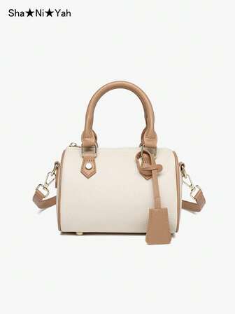 Vintage Lychee Texture PU Bowling Style Handbag, Fashionable Crossbody Pillow Bag For Women, Suitable For Work Commute, Autumn/Winter, Fashionable Bow Purse For Women