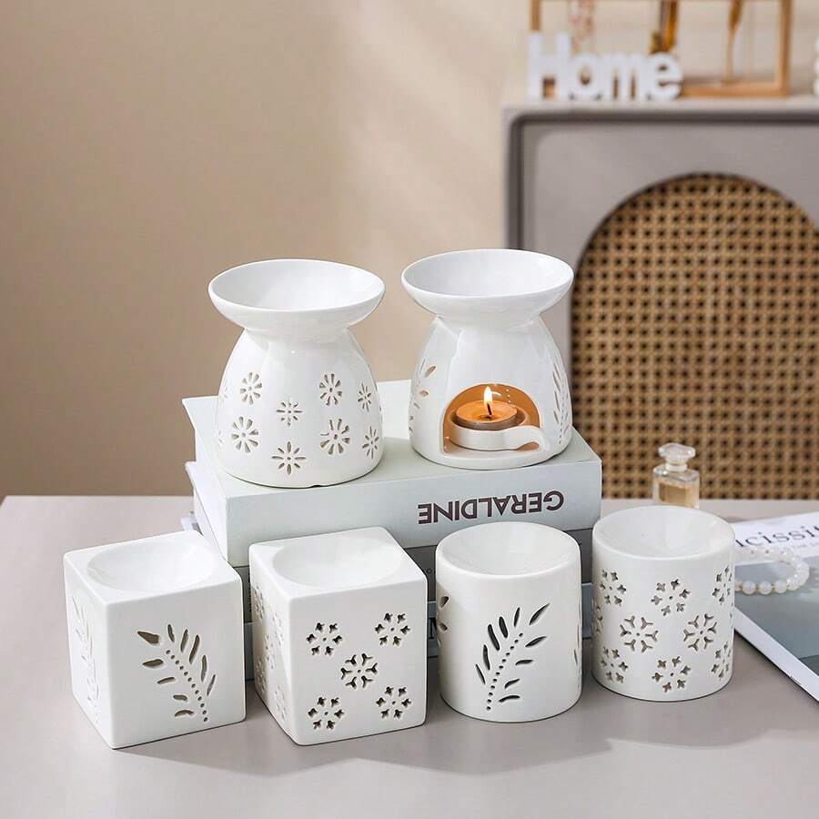 Duży ceramiczny świecznik typu tealight, pusty wzór, zestaw świec tworzących przytulną atmosferę, dyfuzor olejków eterycznych, kadzielnica, podgrzewacz do wosku, wystrój domu