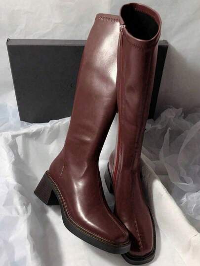 Fall/Winter 2025 Chunky Heel Square Toe Solid Color Elastic Slim Over-The-Knee Boots