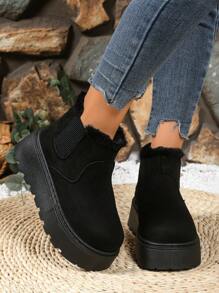 女士冬季新款厚底一脚蹬“式”雪地靴，时尚舒适，带保暖内衬，厚实保暖，适合户外穿着，毛皮靴 - 黑色 - 查看 4