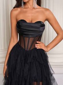 Elisanya Black Mesh French Fishtail Lightweight Cocktail Dress, Elegant Strapless Princess Gown For Birthday Party, Charming & Sexy - Black - View 4