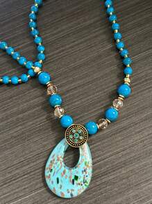 1pc Fashionable Boho Glass Water Drop Pendant Necklace,Vintage, Holiday Gift For Women