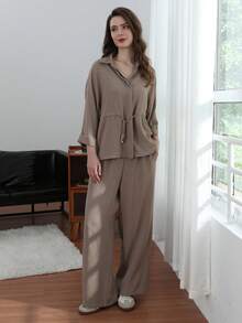 HH 女士裤子套装纯色七分袖翻领抽绳设计休闲宽松上衣+松紧腰阔腿长裤