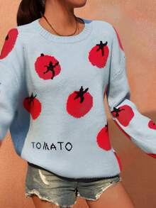 Sea Starshine Herbst/Winter Mode Lässig Pendeln Vielseitig Personalisiert Damen Tomatenmuster Farbblock Jacquard Langarm Pullover, geeignet für Herbst Country Musik Konzerte - Blau - Übersicht 2