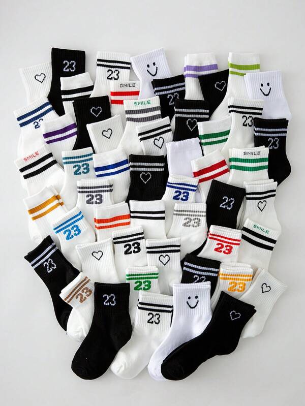 1/5/15 Pairs Spring/Summer Kids Socks, Classic Black/White/Gray Children Socks With Letter/Double Bar/Heart/ Face Patterns, Skin-Friendly Soft Comfortable Breathable Fashionable Sporty Mid-Calf Socks, Suitable For Back To School, Holidays, Student Use, Outdoor Sports, Travel, Daily Matching, Random Color Delivery