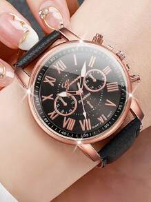 1/10 件女士时尚简约三眼罗马刻度表盘石英腕表（无盒）