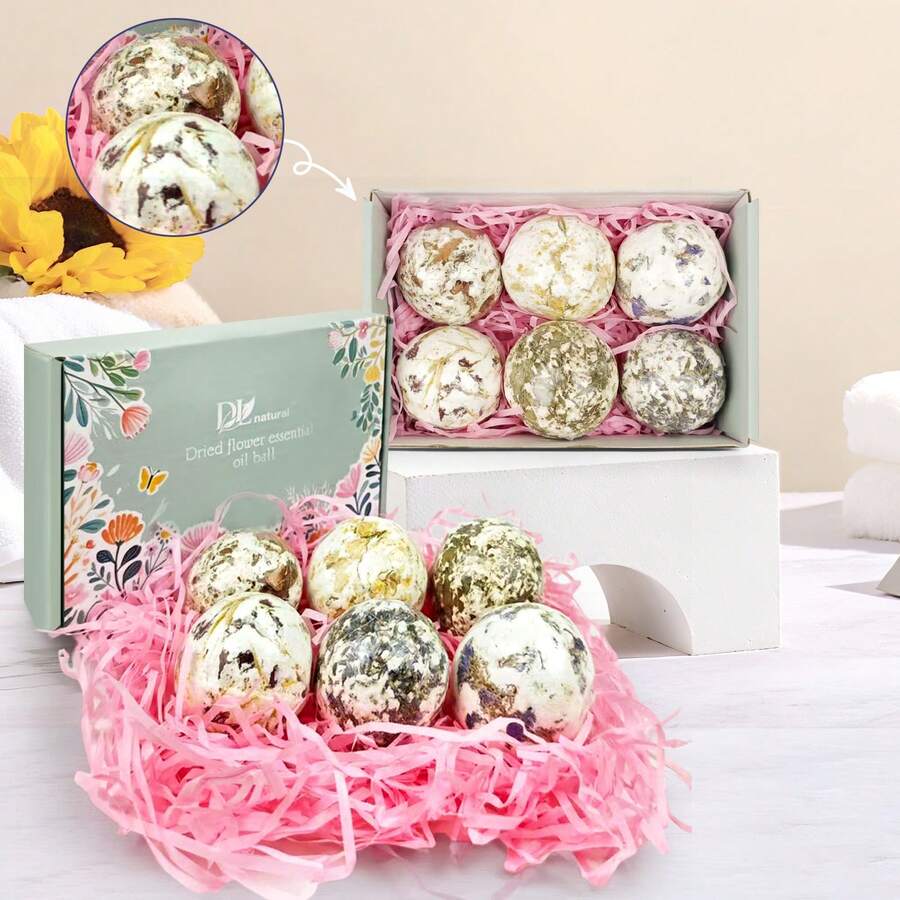 6件装女士泡澡球礼盒，奢华泡澡球，注入真花和天然有机精油，送给女性、母亲、女儿、女友的自爱礼物 - 彩色 - 查看 1