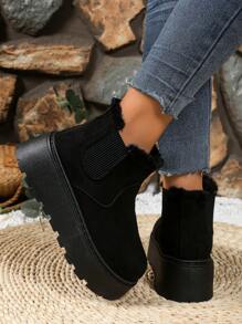 女士冬季新款厚底一脚蹬“式”雪地靴，时尚舒适，带保暖内衬，厚实保暖，适合户外穿着，毛皮靴 - 黑色 - 查看 6