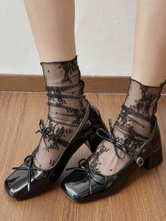 3pairs Women Flower Lace Sweet Style Crew Socks, For Summer