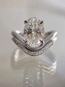 2 件 S925 纯银椭圆形锆石戒指套装，奢华周年纪念、圣诞节礼物 - 銀色 - 查看 2