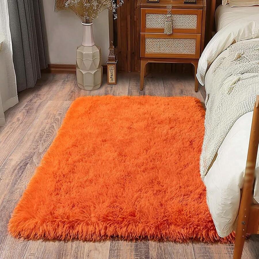 Soft Fluffy Shag Throw Area Rug, 2x4 Black, Non-Slip Bedroom, Hallways, Bedside, Dorm, Living Room - Long Shaggy Rug - Orange - View 1