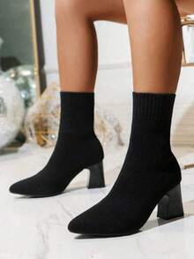 Women's Classic Black Pointed Toe Thick High Heel Ankle Boots, Fashionable, Versatile, Elegant, Ladder Design, Non-Slip Sole, Suitable For Halloween, Wedding, Holiday Season, Autumn/Winter - 黑色 - 查看 7